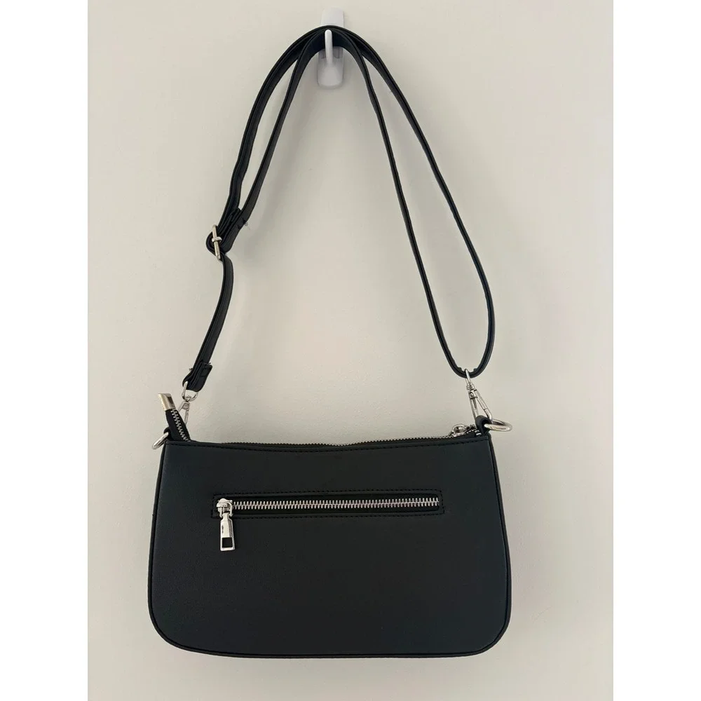 Niueimee Zhou Shoulder Bag Silver Hardware Crossbody w 2 Removable Straps BLACK
